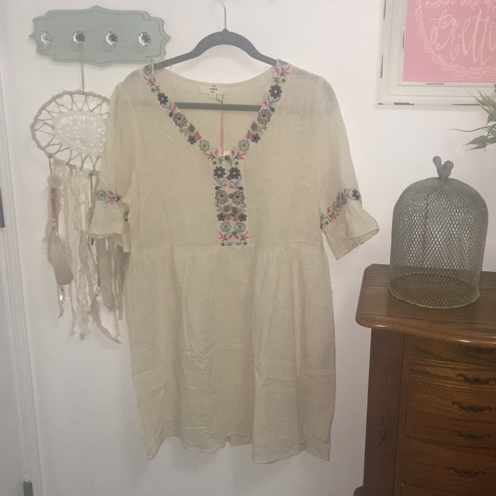 Beige Embroidered V-Neck Women's Dress